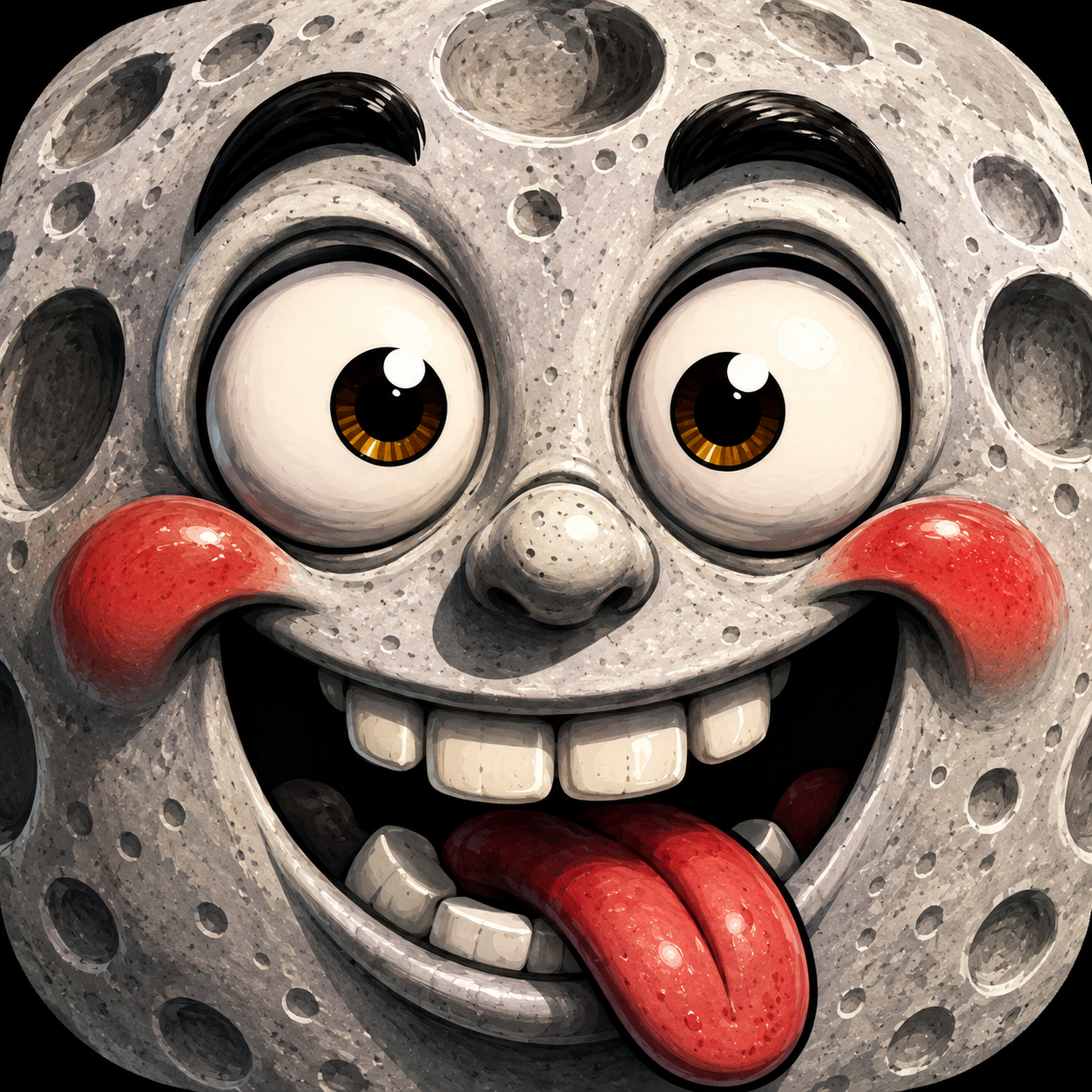 Object Funeral avatar: a grinning, cratered face with rosy cheeks and its tongue out